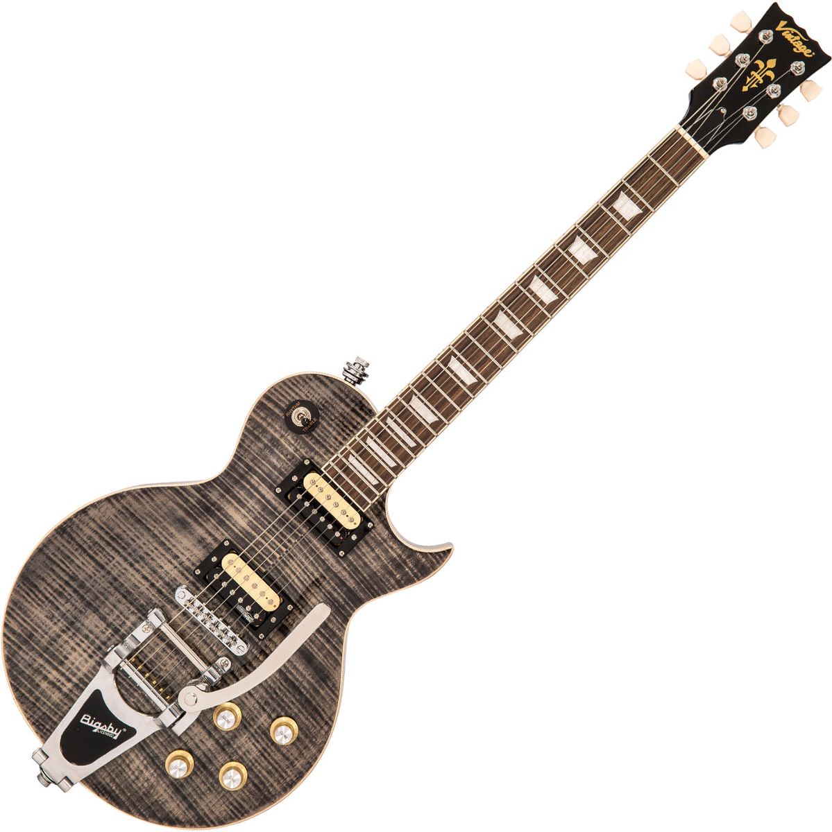 Vintage V100 Guitar - Black Flamed Maple w/ Bigsby