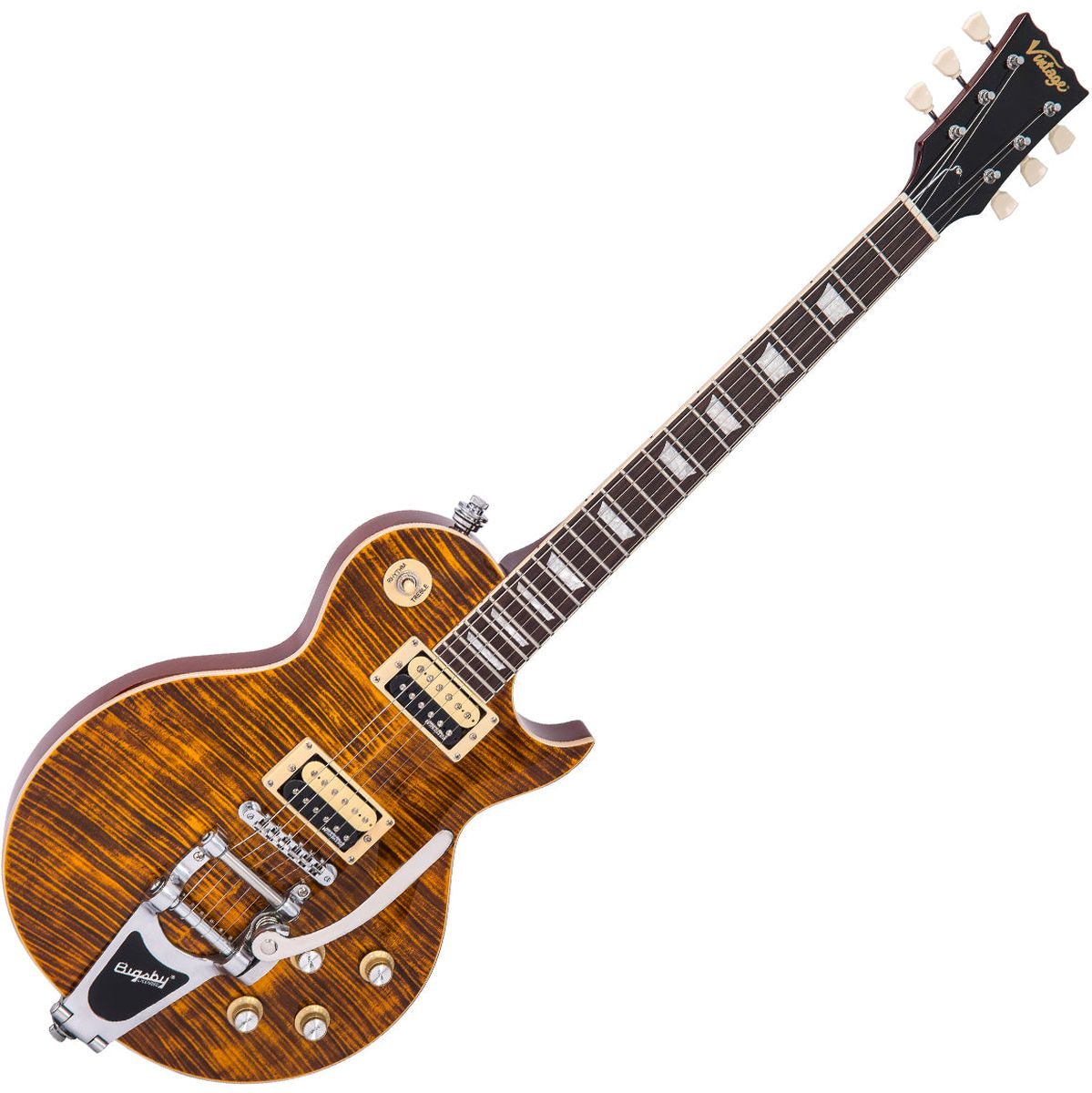 Vintage V100 Guitar - Amber Flamed Maple w/ Bigsby
