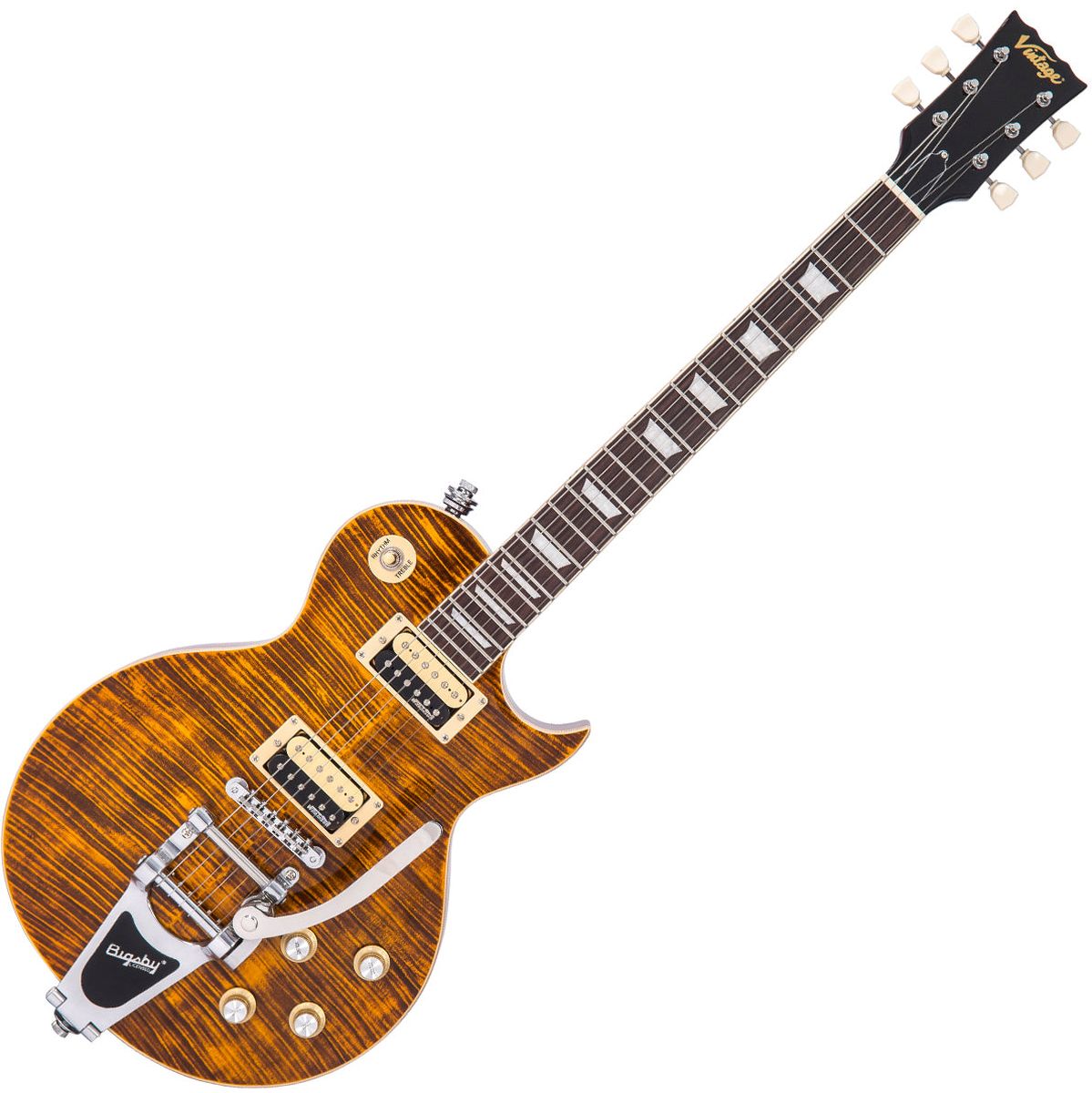 Vintage V100 Guitar - Amber Flamed Maple w/ Bigsby