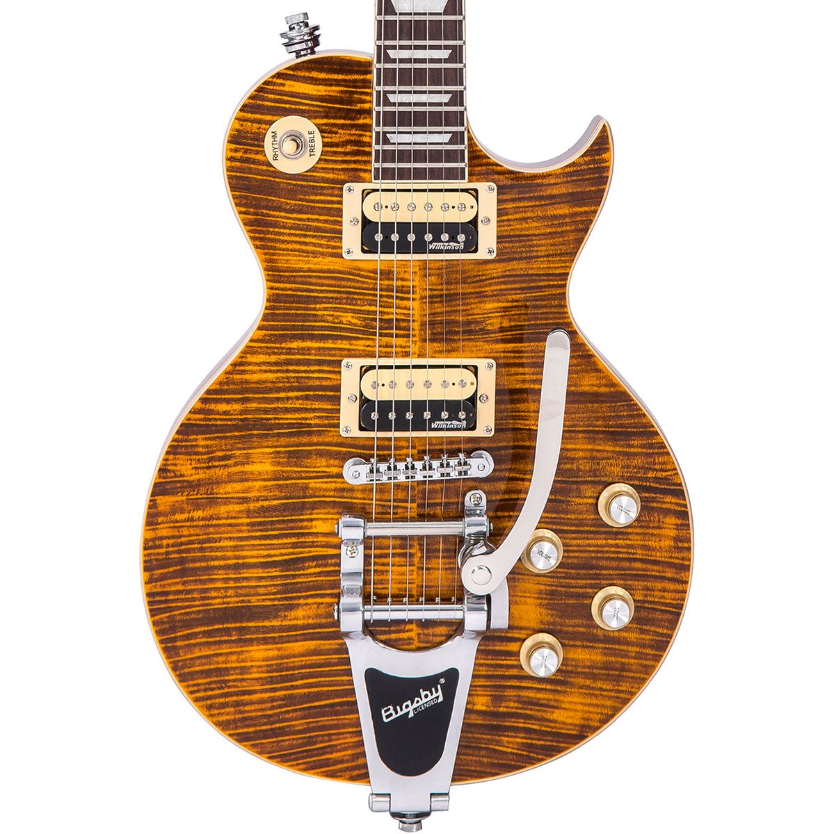 Vintage V100 Guitar - Amber Flamed Maple w/ Bigsby