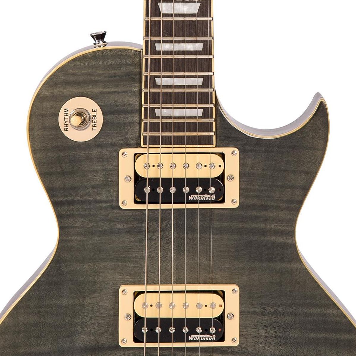 Vintage V100 Guitar - Flamed Maple - Thru Black