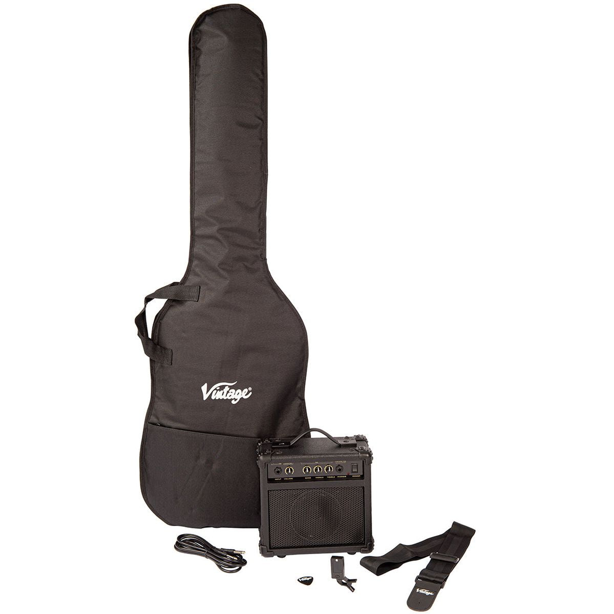 Vintage V40 Coaster Left Handed Bass Guitar Pack - Gloss Black